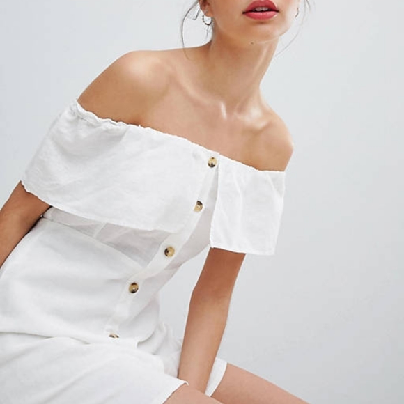 asos Pull&Bear Off Shoulder Ruffle Button Down Linen Dress in Honeycomb Gold - Picture 8 of 12